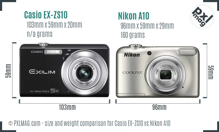 Casio EX-ZS10 vs Nikon A10 size comparison