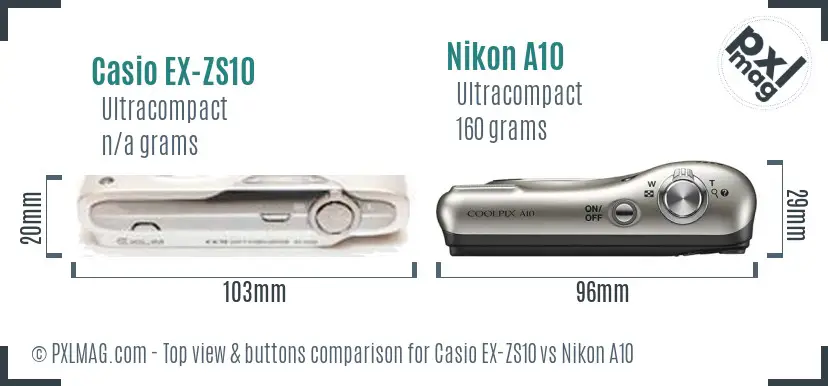 Casio EX-ZS10 vs Nikon A10 top view buttons comparison