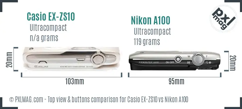 Casio EX-ZS10 vs Nikon A100 top view buttons comparison Casio EX-ZS10 vs Nikon A100 top view buttons comparison