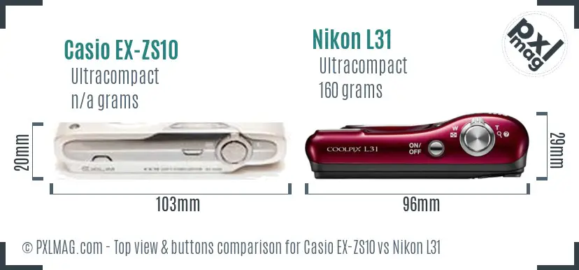 Casio EX-ZS10 vs Nikon L31 top view buttons comparison Casio EX-ZS10 vs Nikon L31 top view buttons comparison