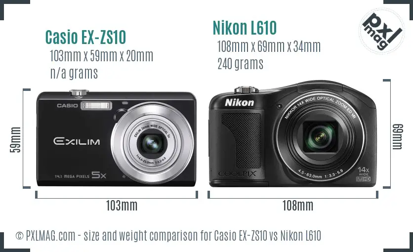 Casio EX-ZS10 vs Nikon L610 size comparison