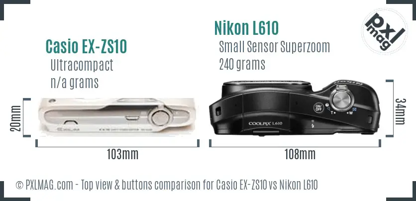 Casio EX-ZS10 vs Nikon L610 top view buttons comparison