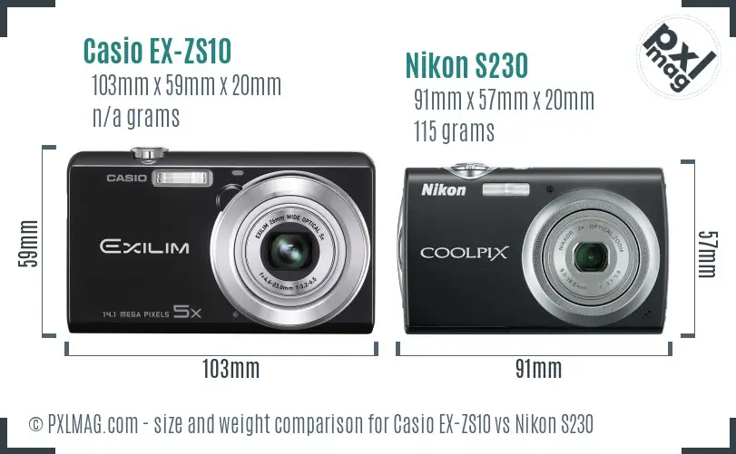 Casio EX-ZS10 vs Nikon S230 size comparison