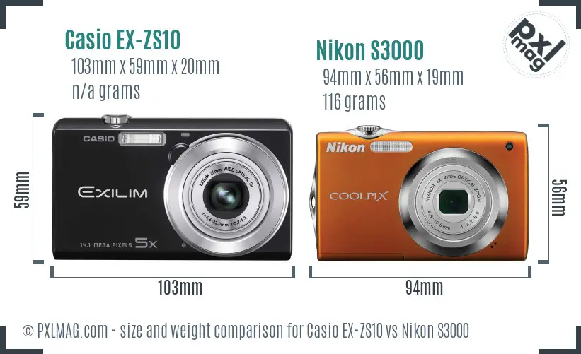 Casio EX-ZS10 vs Nikon S3000 size comparison