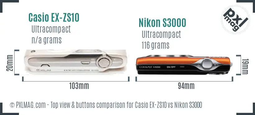 Casio EX-ZS10 vs Nikon S3000 top view buttons comparison