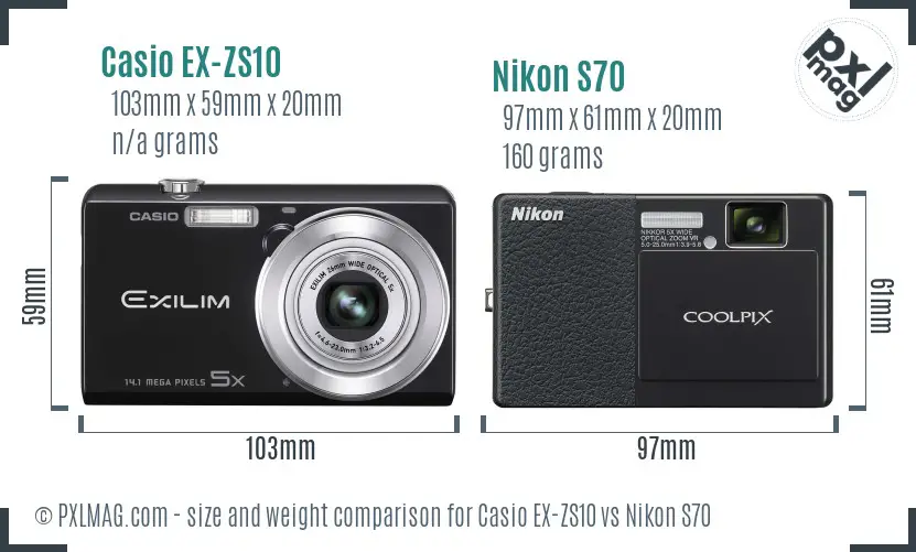 Casio EX-ZS10 vs Nikon S70 size comparison