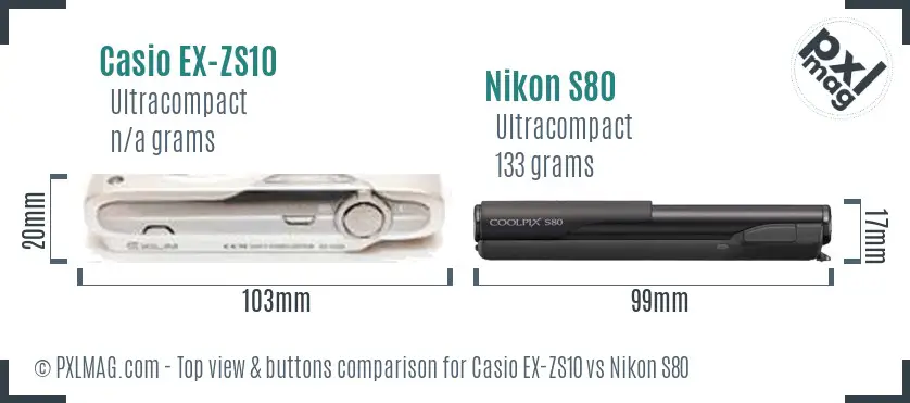 Casio EX-ZS10 vs Nikon S80 top view buttons comparison
