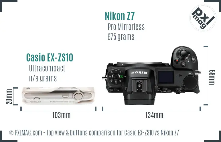 Casio EX-ZS10 vs Nikon Z7 top view buttons comparison Casio EX-ZS10 vs Nikon Z7 top view buttons comparison