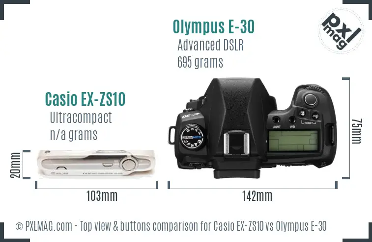 Casio EX-ZS10 vs Olympus E-30 top view buttons comparison