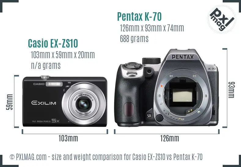 Casio EX-ZS10 vs Pentax K-70 size comparison