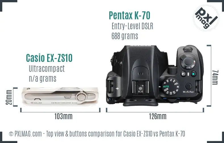 Casio EX-ZS10 vs Pentax K-70 top view buttons comparison