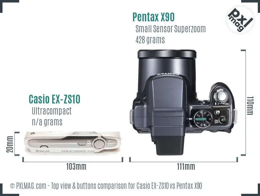 Casio EX-ZS10 vs Pentax X90 top view buttons comparison