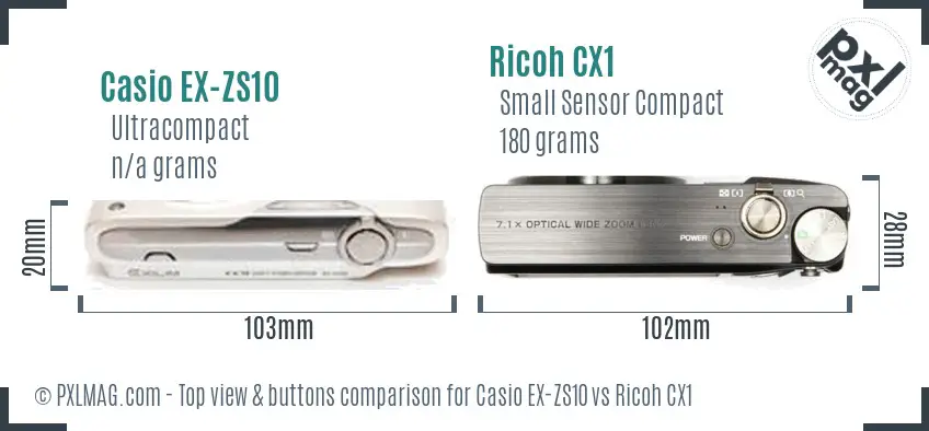 Casio EX-ZS10 vs Ricoh CX1 top view buttons comparison