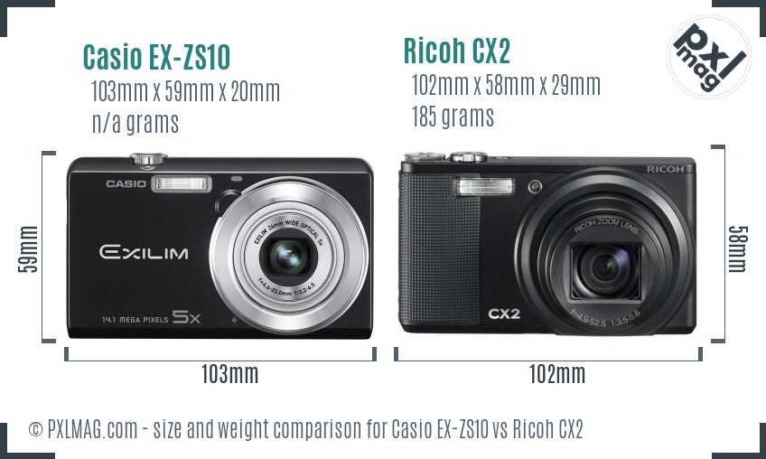 Casio EX-ZS10 vs Ricoh CX2 size comparison Casio EX-ZS10 vs Ricoh CX2 size comparison