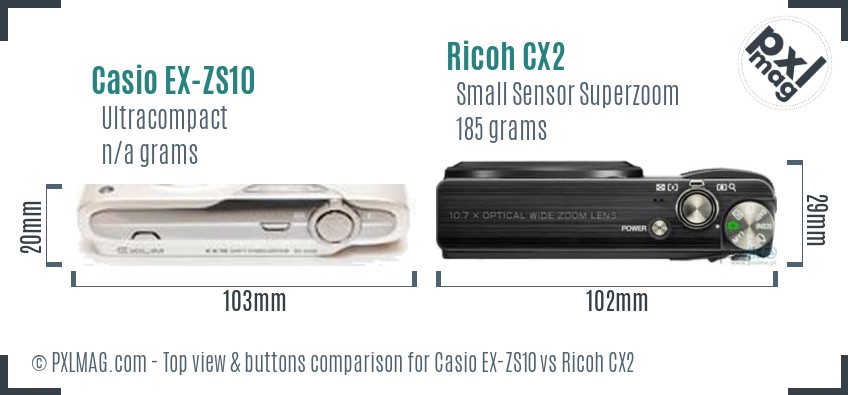 Casio EX-ZS10 vs Ricoh CX2 top view buttons comparison