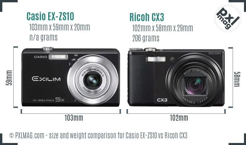 Casio EX-ZS10 vs Ricoh CX3 size comparison