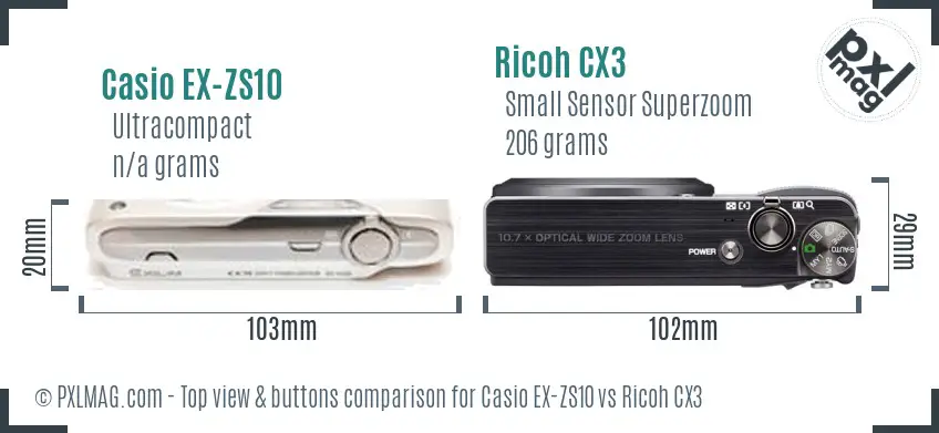 Casio EX-ZS10 vs Ricoh CX3 top view buttons comparison