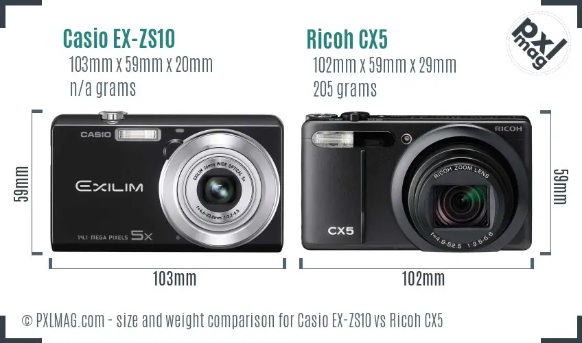 Casio EX-ZS10 vs Ricoh CX5 size comparison Casio EX-ZS10 vs Ricoh CX5 size comparison