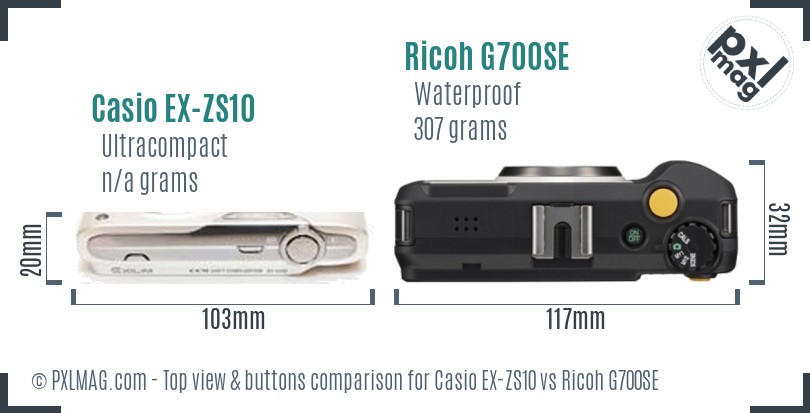 Casio EX-ZS10 vs Ricoh G700SE top view buttons comparison