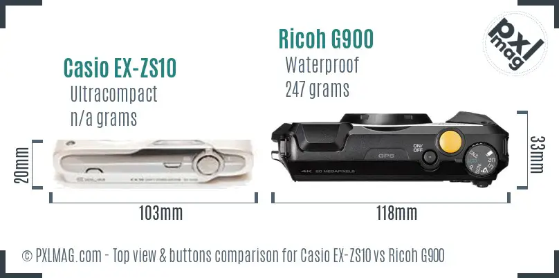 Casio EX-ZS10 vs Ricoh G900 top view buttons comparison Casio EX-ZS10 vs Ricoh G900 top view buttons comparison
