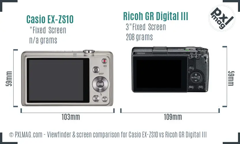 Casio EX-ZS10 vs Ricoh GR Digital III Screen and Viewfinder comparison