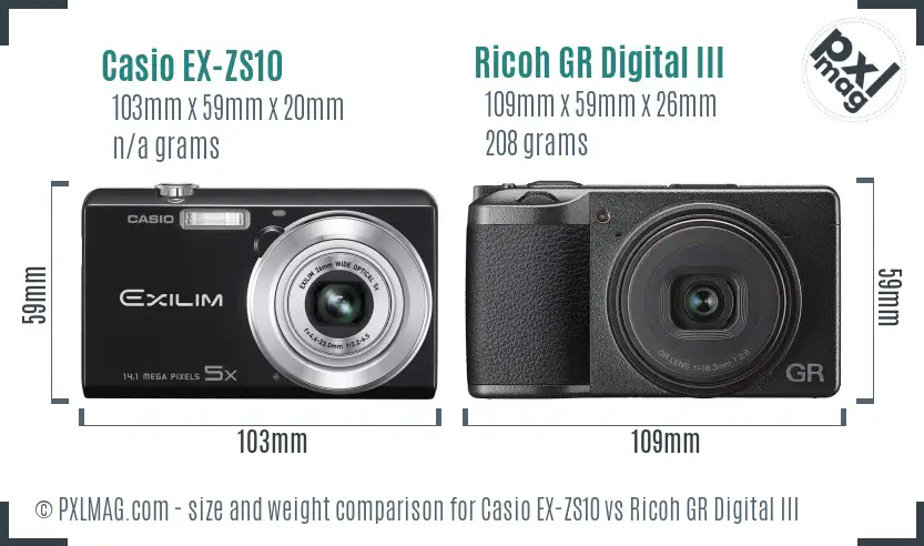 Casio EX-ZS10 vs Ricoh GR Digital III size comparison