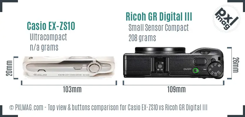 Casio EX-ZS10 vs Ricoh GR Digital III top view buttons comparison