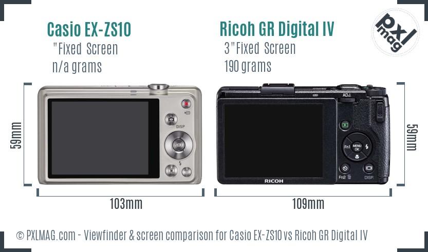 Casio EX-ZS10 vs Ricoh GR Digital IV Screen and Viewfinder comparison