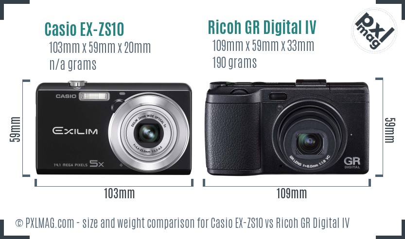 Casio EX-ZS10 vs Ricoh GR Digital IV size comparison Casio EX-ZS10 vs Ricoh GR Digital IV size comparison