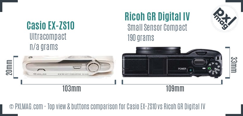 Casio EX-ZS10 vs Ricoh GR Digital IV top view buttons comparison