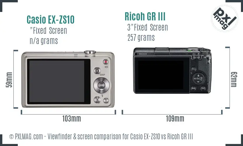 Casio EX-ZS10 vs Ricoh GR III Screen and Viewfinder comparison