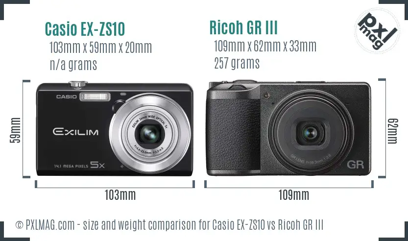 Casio EX-ZS10 vs Ricoh GR III size comparison