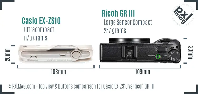 Casio EX-ZS10 vs Ricoh GR III top view buttons comparison