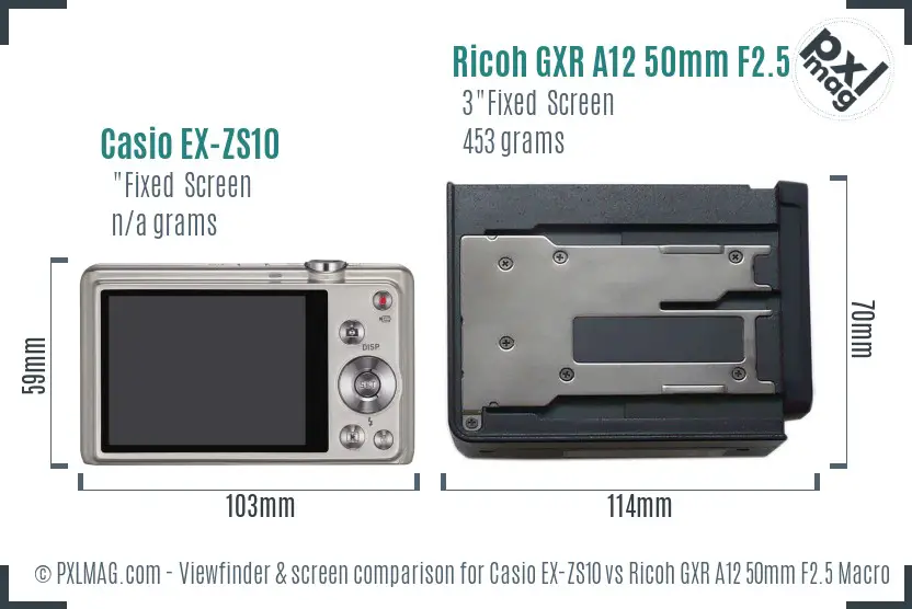 Casio EX-ZS10 vs Ricoh GXR A12 50mm F2.5 Macro Screen and Viewfinder comparison
