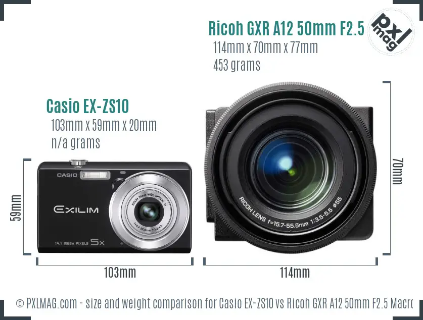 Casio EX-ZS10 vs Ricoh GXR A12 50mm F2.5 Macro size comparison
