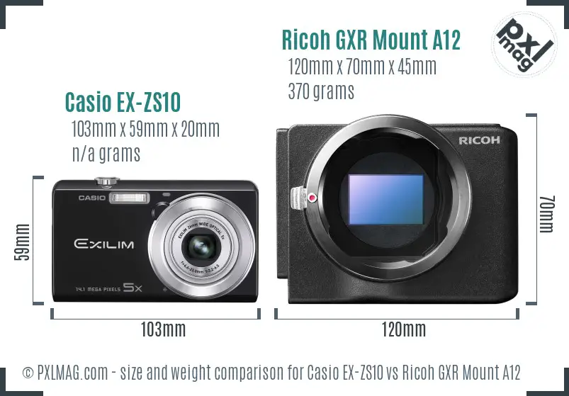 Casio EX-ZS10 vs Ricoh GXR Mount A12 size comparison Casio EX-ZS10 vs Ricoh GXR Mount A12 size comparison