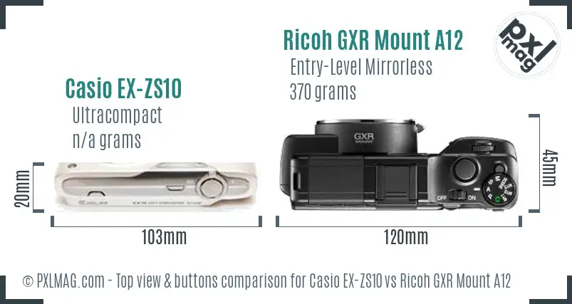 Casio EX-ZS10 vs Ricoh GXR Mount A12 top view buttons comparison Casio EX-ZS10 vs Ricoh GXR Mount A12 top view buttons comparison
