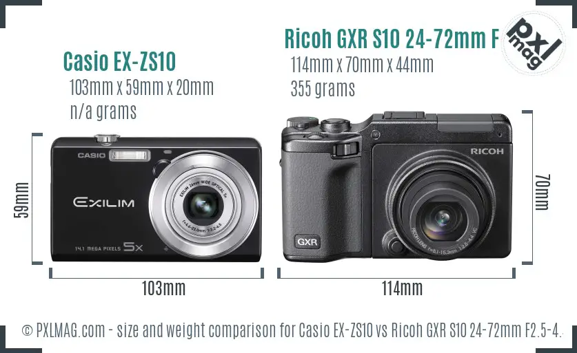 Casio EX-ZS10 vs Ricoh GXR S10 24-72mm F2.5-4.4 VC size comparison