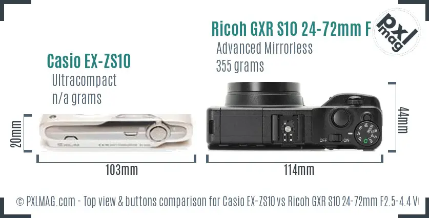 Casio EX-ZS10 vs Ricoh GXR S10 24-72mm F2.5-4.4 VC top view buttons comparison