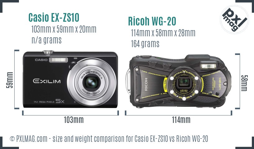 Casio EX-ZS10 vs Ricoh WG-20 size comparison