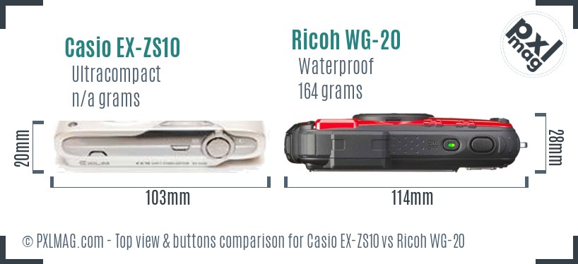 Casio EX-ZS10 vs Ricoh WG-20 top view buttons comparison