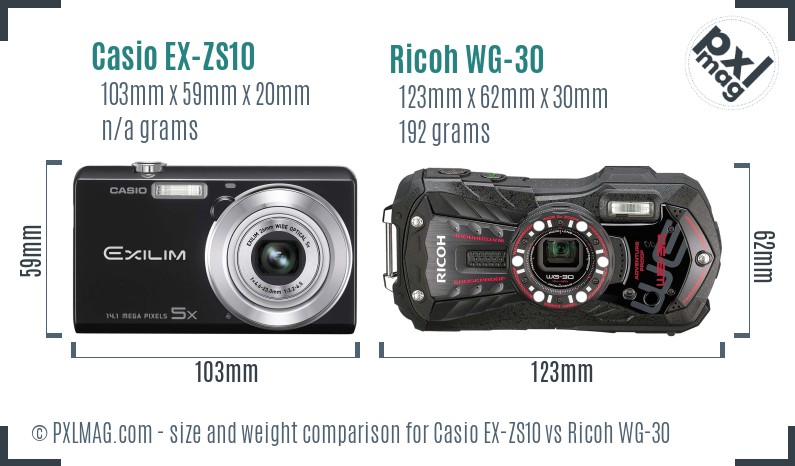 Casio EX-ZS10 vs Ricoh WG-30 size comparison