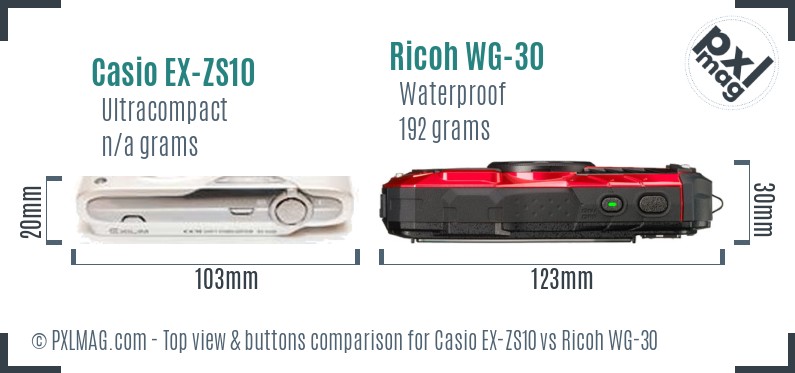 Casio EX-ZS10 vs Ricoh WG-30 top view buttons comparison