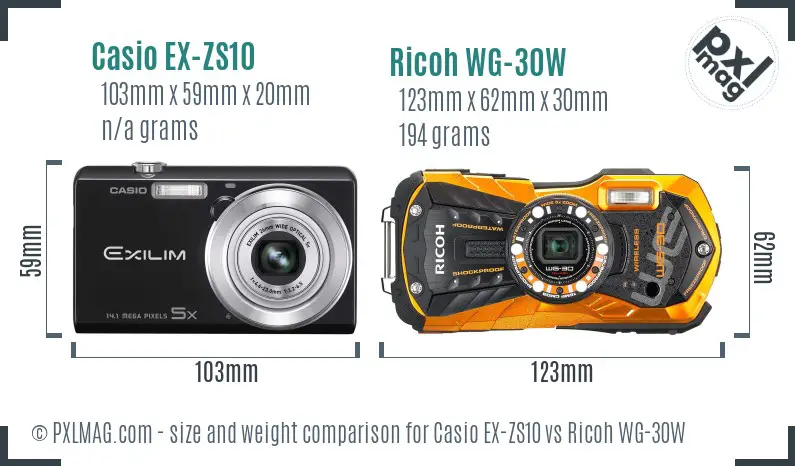 Casio EX-ZS10 vs Ricoh WG-30W size comparison