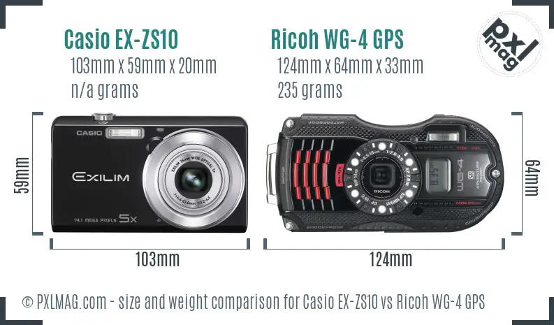 Casio EX-ZS10 vs Ricoh WG-4 GPS size comparison