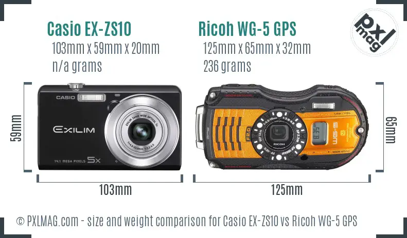 Casio EX-ZS10 vs Ricoh WG-5 GPS size comparison