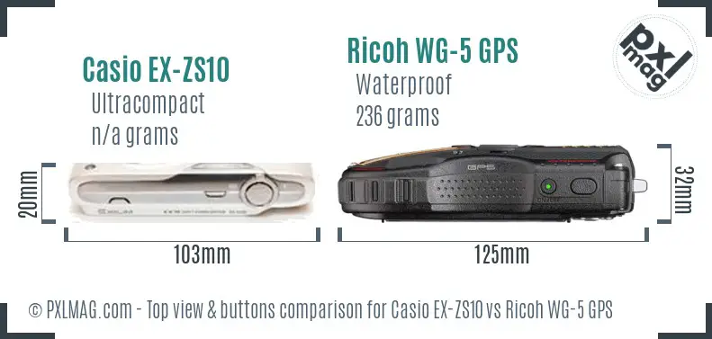 Casio EX-ZS10 vs Ricoh WG-5 GPS top view buttons comparison