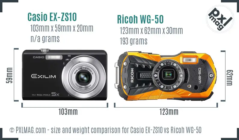 Casio EX-ZS10 vs Ricoh WG-50 size comparison
