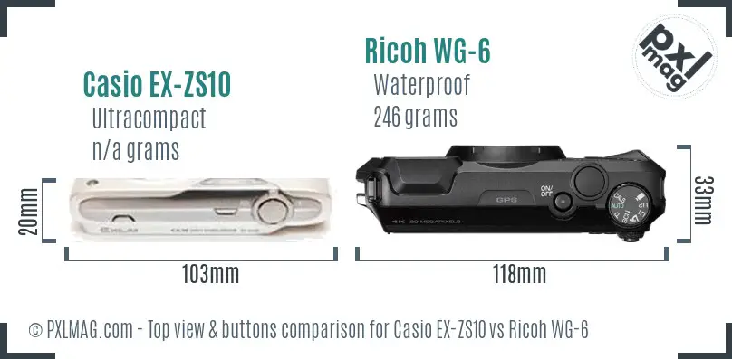 Casio EX-ZS10 vs Ricoh WG-6 top view buttons comparison Casio EX-ZS10 vs Ricoh WG-6 top view buttons comparison
