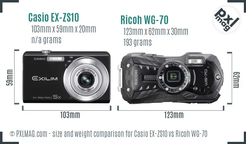 Casio EX-ZS10 vs Ricoh WG-70 size comparison